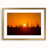 Extra large abstract art print of Baja California scenery in muted earth tones, framed in gold, ideal for living room decor.
