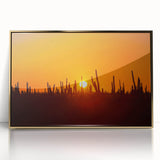 Large art print of Baja California scenery in mid-century modernist style, featuring muted earth tones on a framed acrylic.