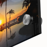 Large abstract depiction of Cabo San Lucas on acrylic glass, featuring vibrant blue and green tones.