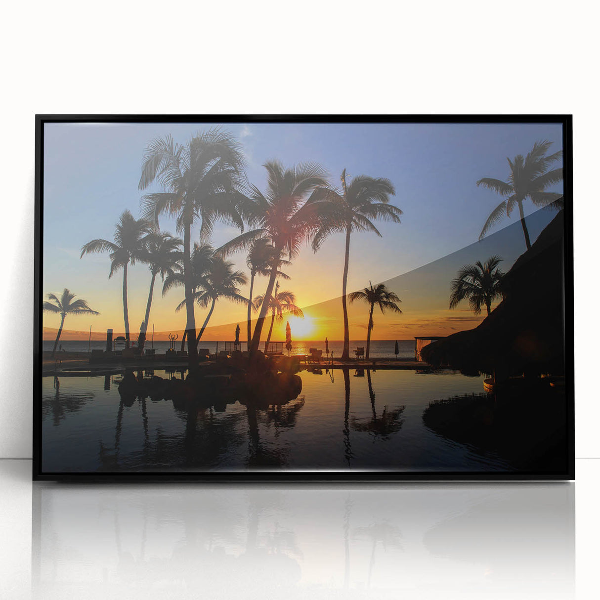 Large abstract wall art depicting the Cabo San Lucas scenery in mid-century modernist style, framed in black acrylic.