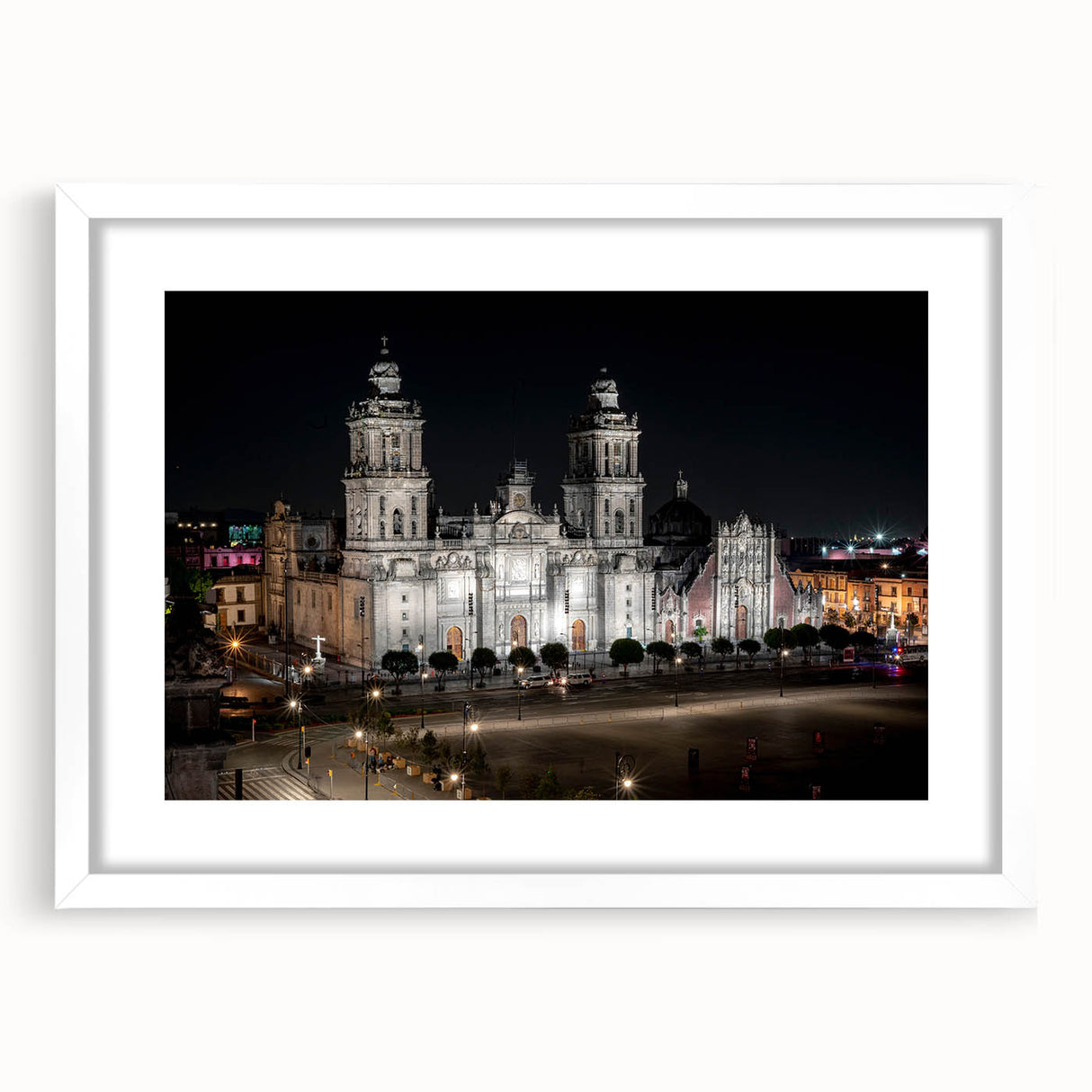 Abstract art print of Mexico City in muted earth tones on a framed white mat, ideal for dining room decor.