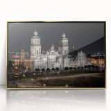 Large art print of Mexico City scenery in gold frame, acrylic, with mid-century modernist style, suitable for modern decor.