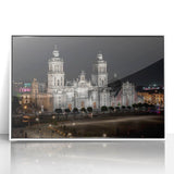 Acrylic print of Mexico City skyline in art deco style, with muted pastel colors, framed in white.