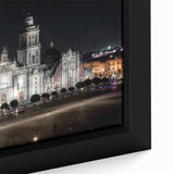Black wall art featuring a textured depiction of Mexico City in colorful hues on a framed canvas.