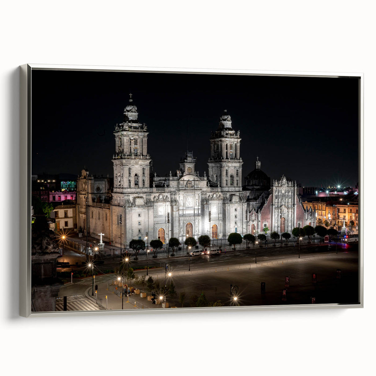 Framed canvas landscape art painting of Mexico City, featuring colorful vintage poster art on a black background.