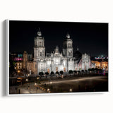 Vintage poster art of Mexico City on a framed canvas, featuring vibrant colors on a black background.