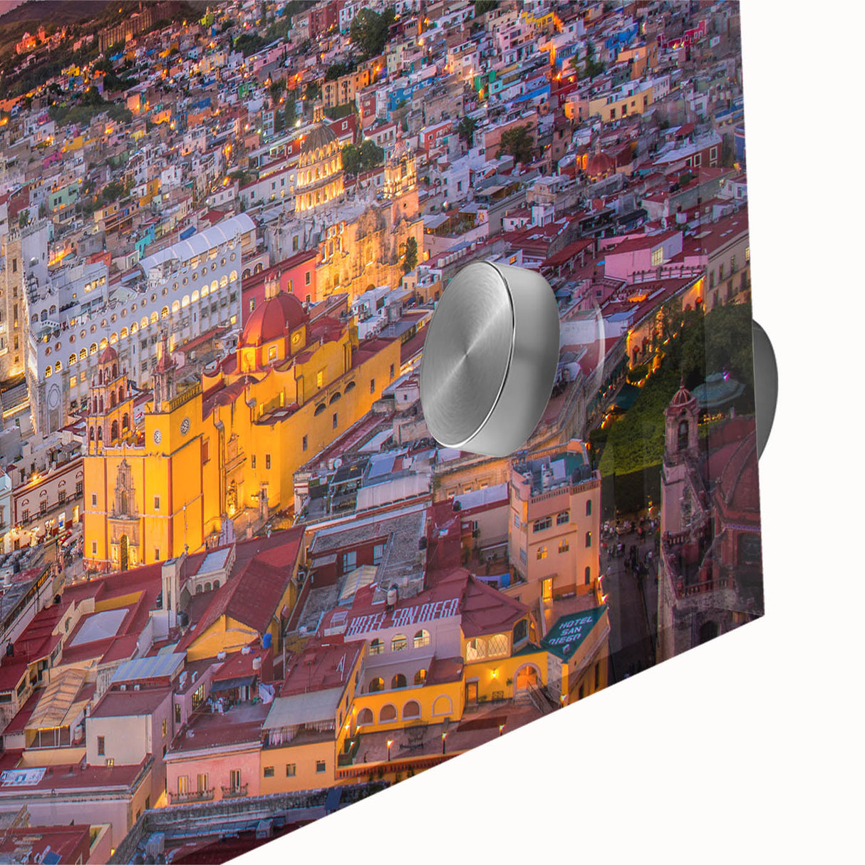 Mid-century modernist acrylic print of Guanajuato, Mexico, in vibrant colors, ideal for dining room art.