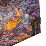 Mid-century modernist acrylic print of Guanajuato, Mexico, in vibrant colors, ideal for dining room art.