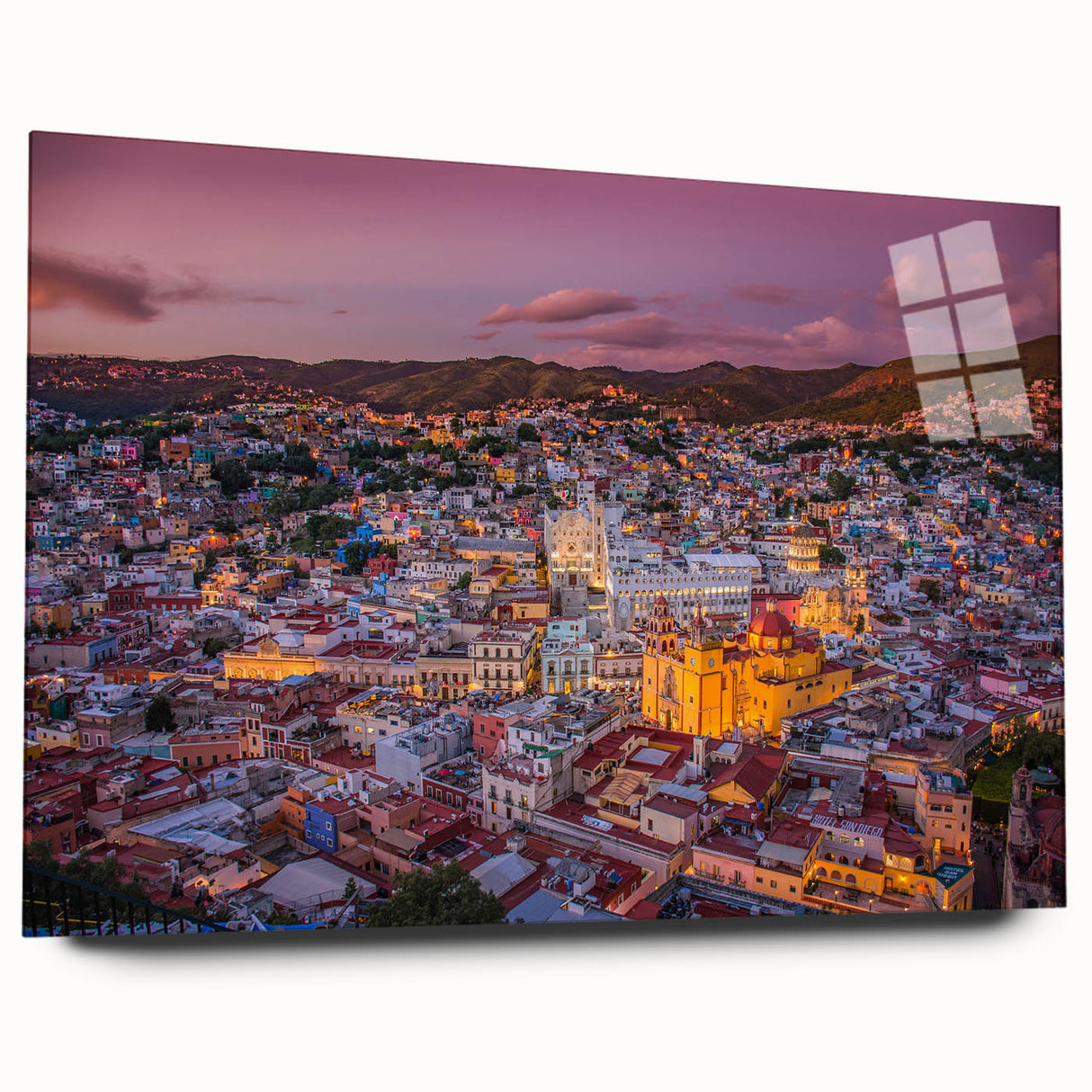 Acrylic print of a large abstract depiction of Guanajuato, Mexico, in vibrant colors, ideal for bedroom or dining room art.