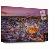 Acrylic print of a large abstract depiction of Guanajuato, Mexico, in vibrant colors, ideal for bedroom or dining room art.