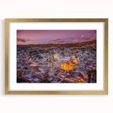 Extra large abstract art print of Guanajuato, Mexico in textured style, featuring vibrant colors, framed in gold.