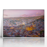 Acrylic print of Guanajuato, Mexico scenery, featuring vibrant color palette and art deco style.