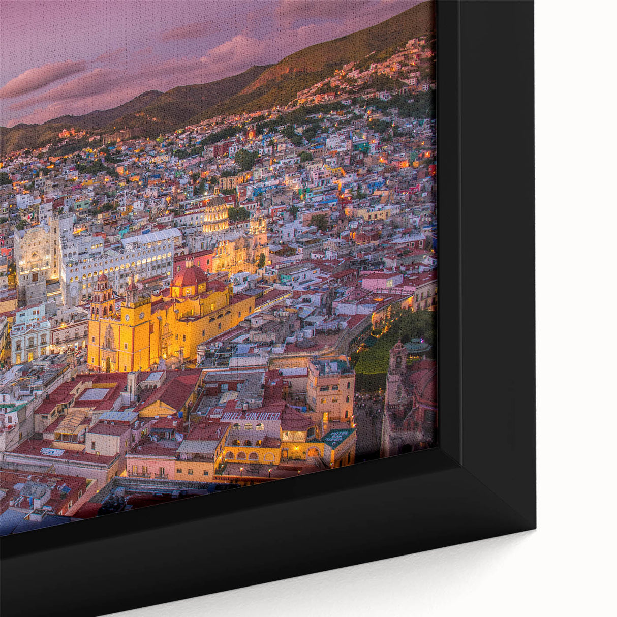 Extra large framed canvas featuring a textured depiction of Guanajuato, Mexico in vibrant colors.
