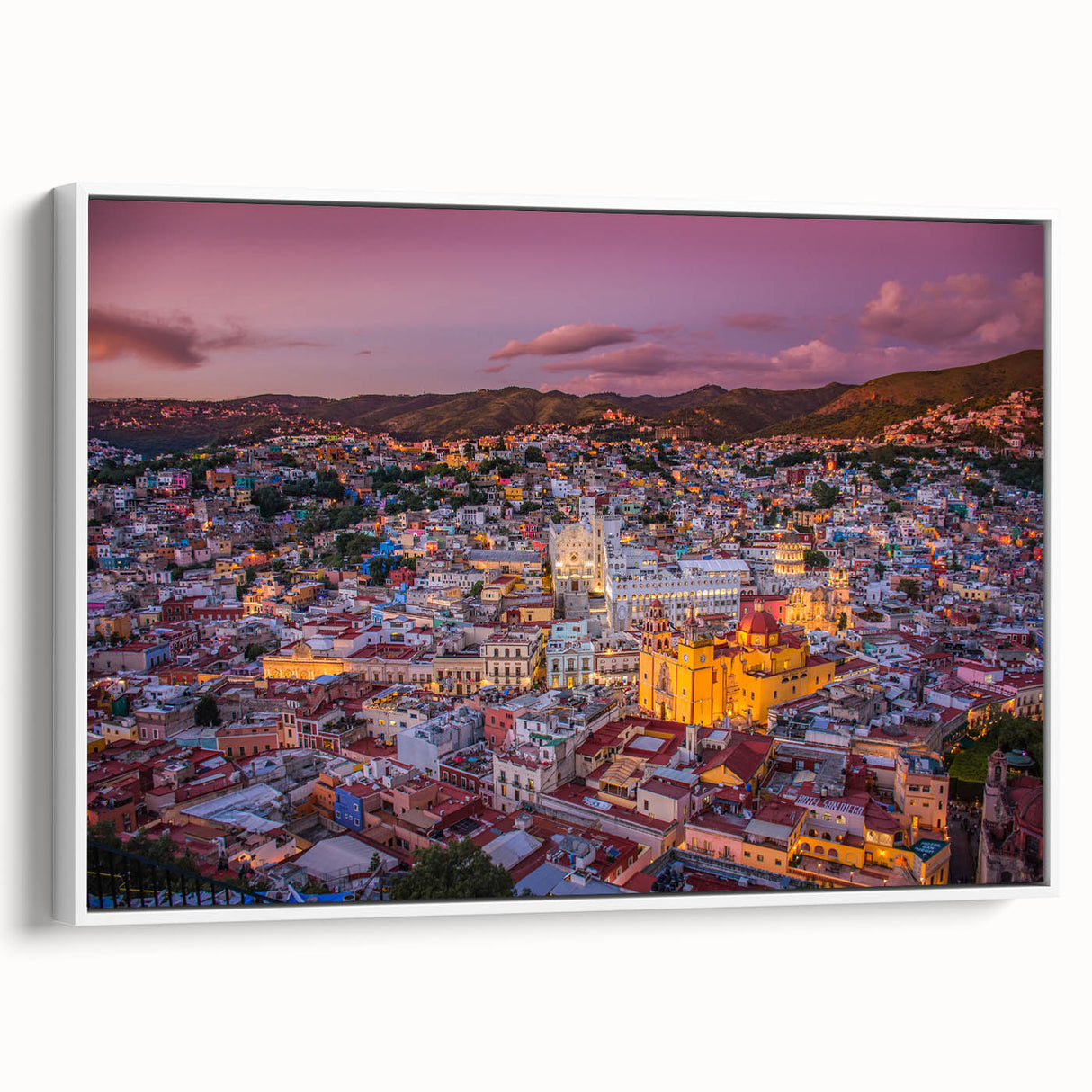 Vintage poster art of Guanajuato, Mexico, depicted in colorful hues on a large framed canvas, suitable for living room decor.