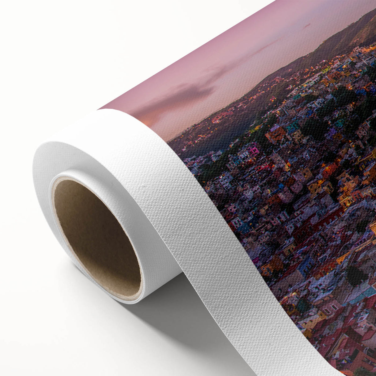 Art deco poster of Guanajuato, Mexico, featuring vibrant multicolored buildings on rolled canvas, ideal for nursery wall art.