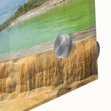 Large abstract wall art of Oaxaca scenery in mid-century modernist style on acrylic glass, ideal for dining room art.