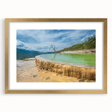 Extra large abstract art print of Oaxaca scenery in textured style, featuring earthy tones on a gold-framed canvas.