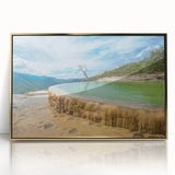 Mid-century modernist art of Oaxaca scenery in gold-framed acrylic, featuring softened earth tones.