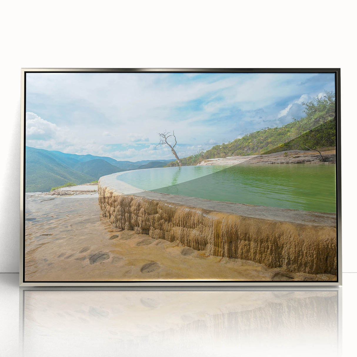 Mid-century modernist art depicting Oaxaca, Mexico scenery in muted earth tones on a silver-framed acrylic print.