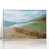 Framed acrylic print of Oaxaca, Mexico scenery in art deco style, featuring muted earth tones.