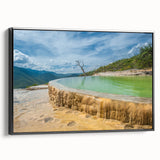 Black and white wall art featuring a vintage poster-style landscape of Oaxaca on a framed canvas, ideal for bedroom decor.