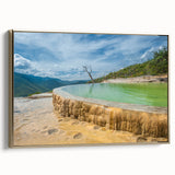 Framed canvas featuring a vintage-style landscape painting of Oaxaca, Mexico in muted earth tones.