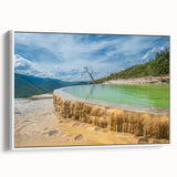 Vintage poster art of Oaxaca scenery on extra large framed canvas, featuring vibrant colors against a black background.