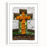 Abstract art print of Quintana Roo scenery in muted blue and green tones on a framed white mat, ideal for dining room decor.