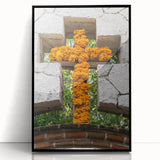 Large abstract wall art of Quintana Roo scenery in muted blue and green, framed in black acrylic.