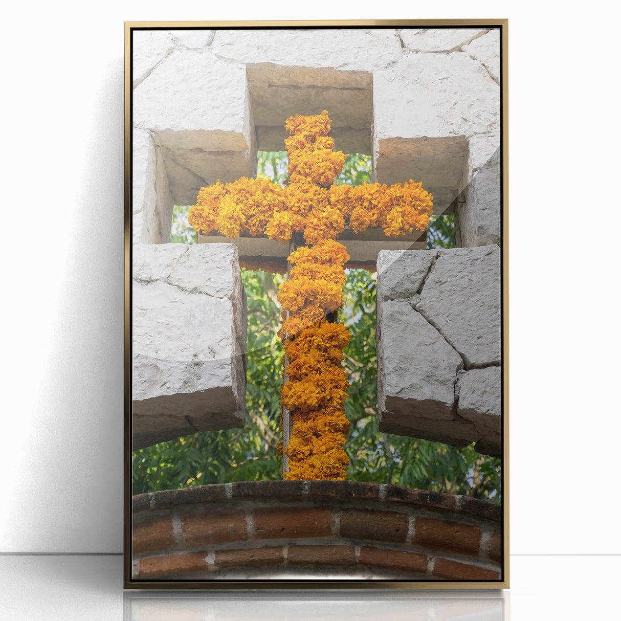 Mid-century modernist art print of Quintana Roo scenery in muted earth tones, framed in gold acrylic.