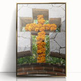 Mid-century modernist art print of Quintana Roo scenery in muted earth tones, framed in gold acrylic.