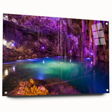 Acrylic print of a large abstract wall art depicting Yucatan scenery in vibrant hues, ideal for bedroom or dining room decor.