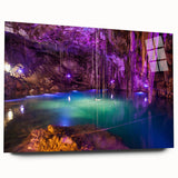 Large abstract wall art depicting Yucatan scenery in vibrant blues and greens on acrylic glass.