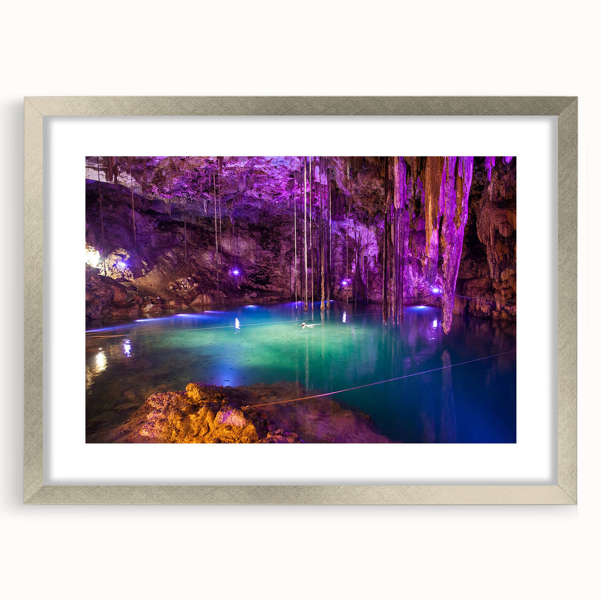 Textured abstract art print of Yucatan scenery in silver frame with mat, featuring earthy tones, ideal for bedroom art.