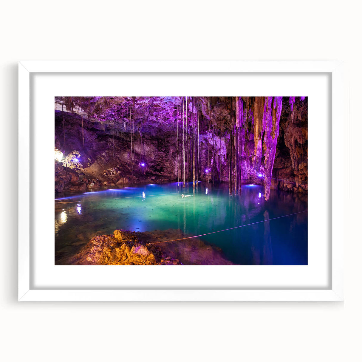 Abstract art print of Yucatan scenery in muted earth tones on a framed white mat, ideal for dining room decor.