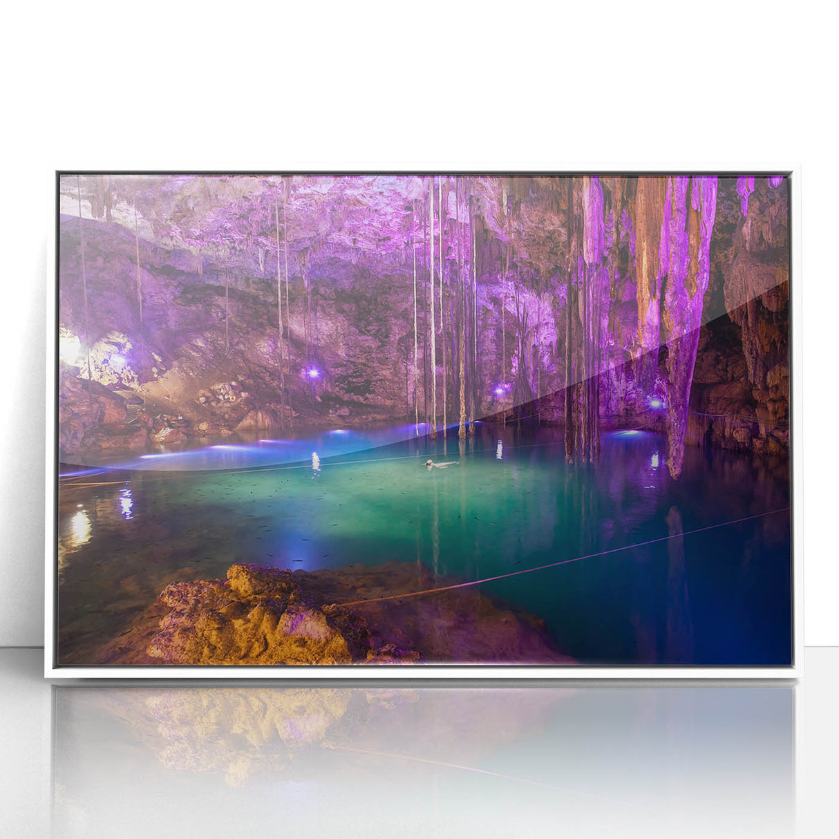 Art deco poster of Yucatan scenery in muted green and white, acrylic print in white frame, suitable for modern nursery decor.