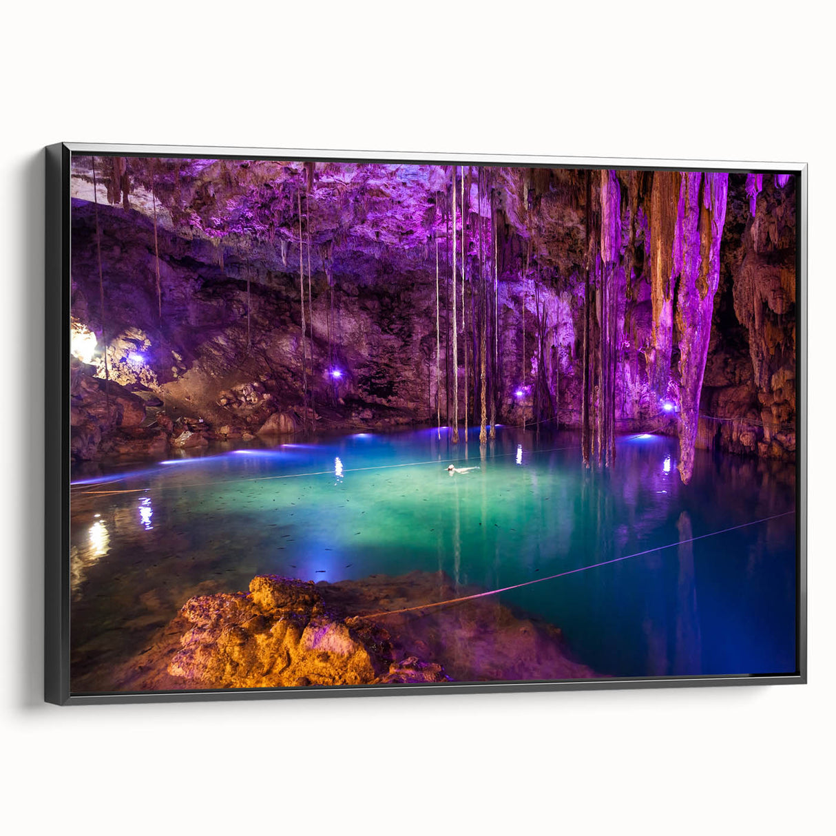 Framed canvas of a black and white vintage poster art depicting Yucatan landscape, ideal for bedroom wall decor.