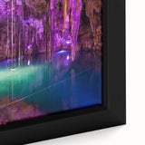 Extra large framed canvas featuring a textured depiction of a Yucatan scenery in black with colorful art accents.