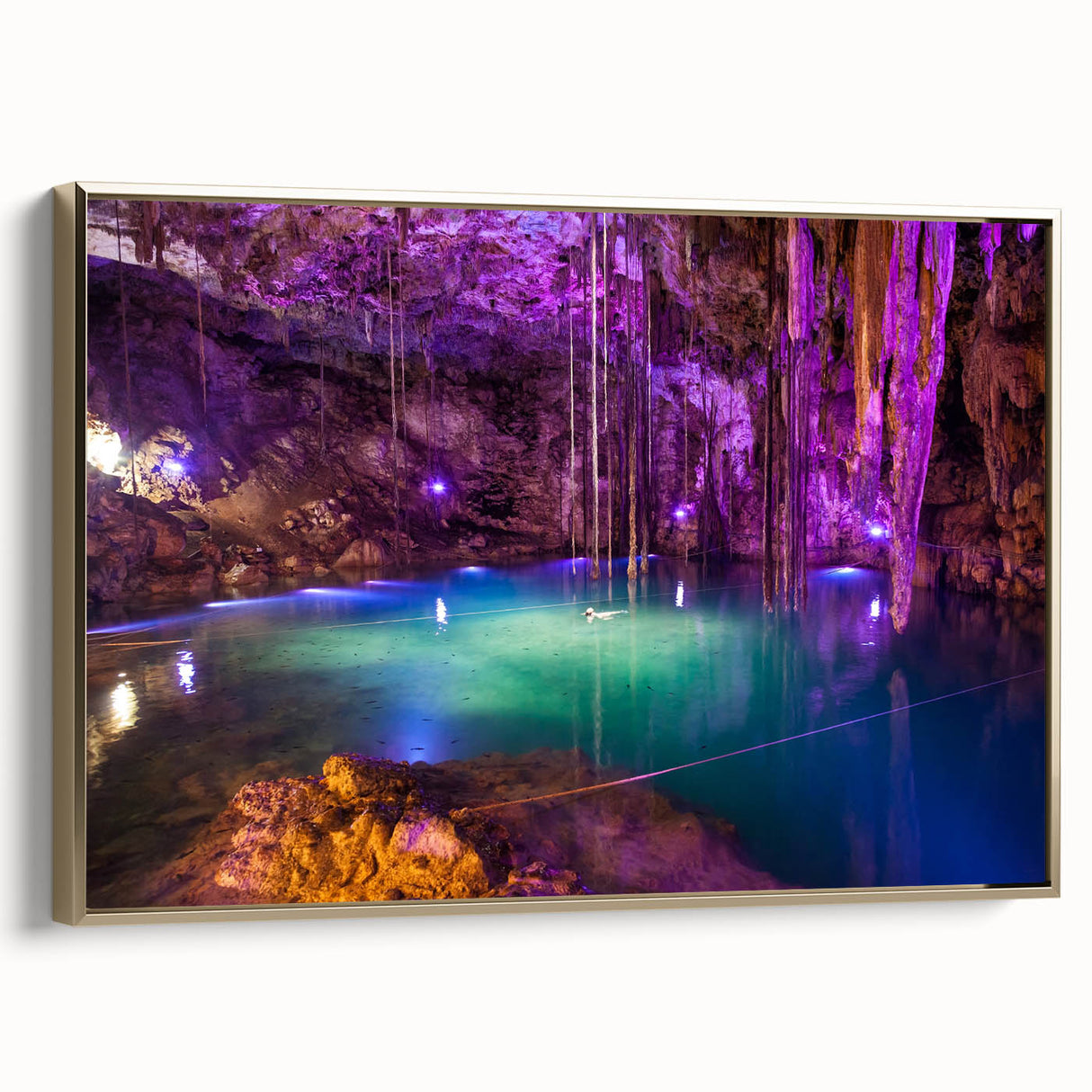 Framed canvas depicting a vintage-style landscape of Yucatan, Mexico in muted gold and black tones.