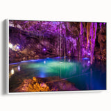 Vintage poster art of Yucatan scenery on framed canvas, with vivid colors, ideal for living room decor.