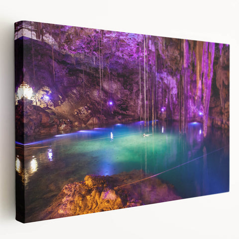 Large stretched canvas depicting a serene Yucatan landscape in soft green and blue tones, ideal for kitchen wall art.