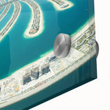 Acrylic print of a large abstract depiction of Dubai with vibrant gold and blue tones, ideal for dining room art.