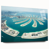 Acrylic print of Dubai skyline in muted gray and blue tones, suitable for bedroom or dining room art.