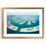 Extra large wall art featuring an abstract textured print of Dubai's skyline in muted gold and beige tones on a framed…