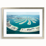 Textured art depicting abstract Dubai skyline in muted earth tones on a framed silver mat, suitable for bedroom decor.
