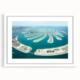 Abstract art print of Dubai skyline in muted gray and blue tones, framed with a white mat, suitable for dining room decor.