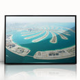 Large abstract wall art of Dubai skyline in muted gray tones on a framed acrylic, ideal for modern living room decor.