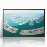 Acrylic print of Dubai skyline in gold and blue tones, framed, reflecting mid-century modernist style.