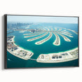 Black and white framed canvas of Dubai skyline with vintage poster art style, ideal for bedroom wall decor.