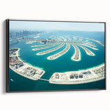 Black and white framed canvas of Dubai skyline with vintage poster art style, ideal for bedroom wall decor.